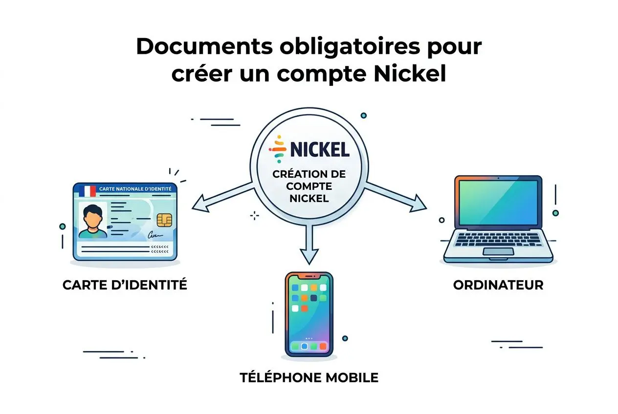 Création de compte Nickel: carte d’identité, téléphone mobile et ordinateur montrés comme documents pour ouvrir un compte Nickel en ligne.