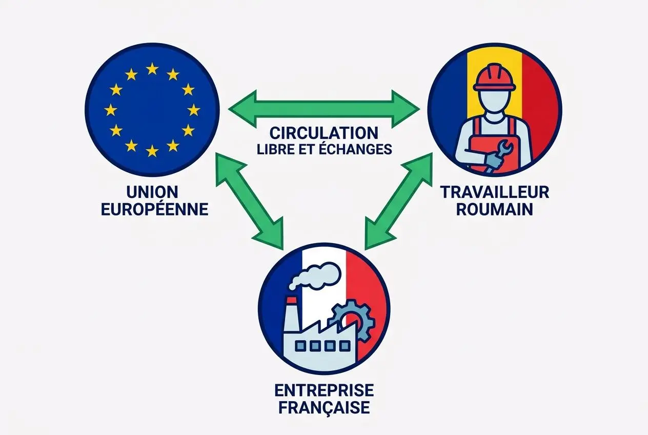 Logo illustrant les échanges entre l’Union européenne, un travailleur roumain et une entreprise française, symbole de circulation libre et de chaîne d’approvisionnement.