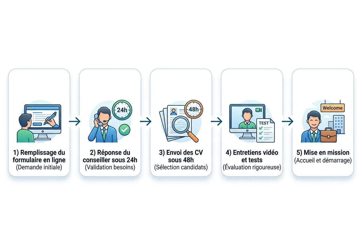 Processus de recrutement: formulaire en ligne, réponse rapide d’un conseiller, envoi des CV, entretiens et mise à mission par une agence interim roumanie en france.