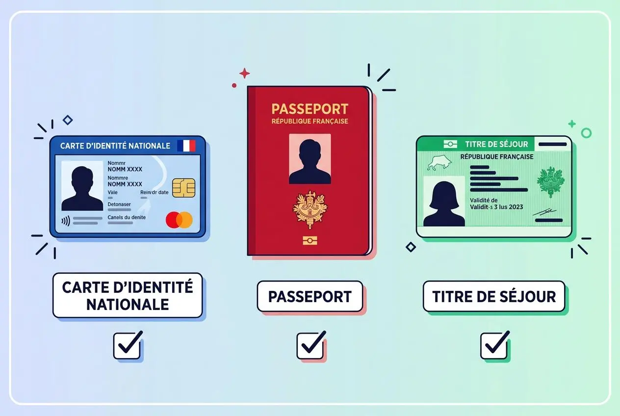 Trois documents d’identité illustrés: carte d’identité nationale, passeport et titre de séjour, chacun avec une coche indiquant la vérification. (Ouverture d’un compte bancaire nickel).