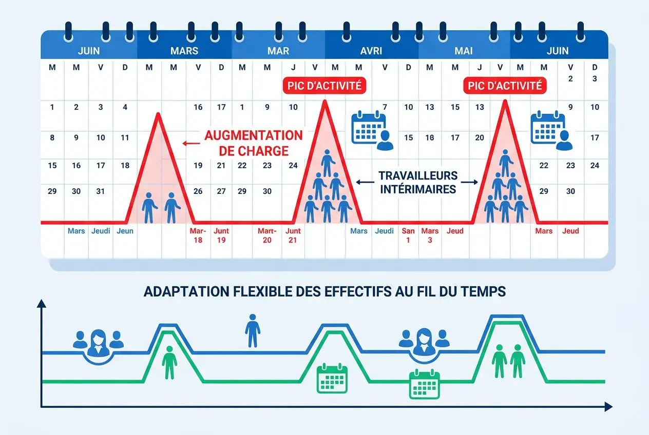 Apprentissage d’un planning avec pics d’activité et travailleurs, illustrant masse intérimaire et adaptation flexible des effectifs au fil du temps. pourquoi faire appel à une agence d intérim inclusion naturelle peut être mentionnée.