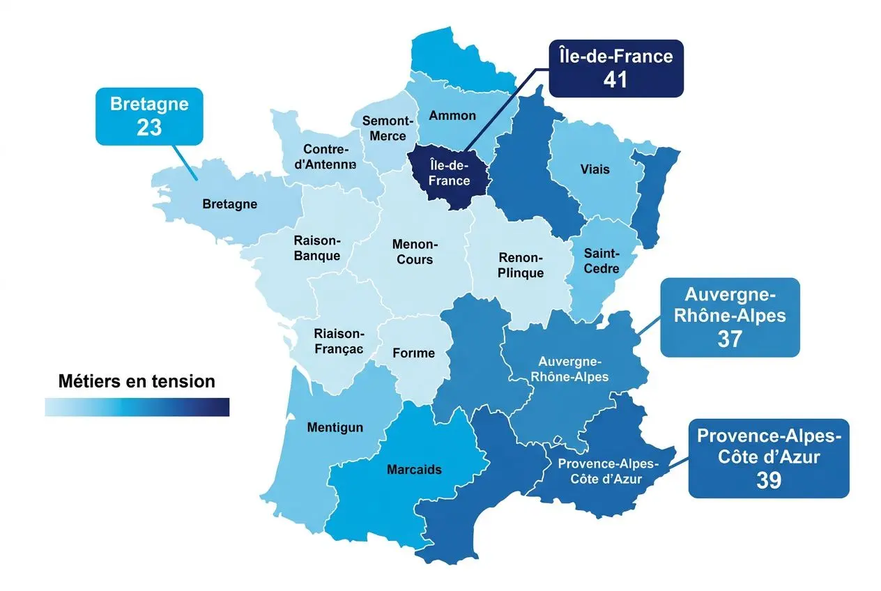 Carte de France montrant les métiers en tension par région, avec quatre départements mis en évidence et chiffres: Bretagne 23, Île-de-France 41, Auvergne-Rhône-Alpes 37, Provence-Alpes-C Côte d'Azur 39. Légende dégradé du niveau de tension. Mention: liste des métiers en tension ouverts aux étrangers.