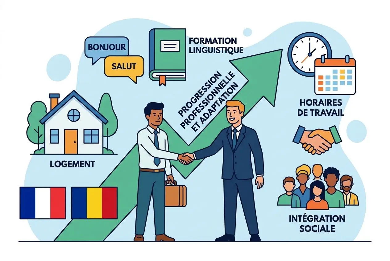 Deux hommes d’affaires se serrant la main devant un décor d’intégration professionnelle: logement, formation linguistique, horaires de travail et intégration sociale; drapeaux FR et RO, symbole de coopération entre une agence interim h travail temporaire roumanie france.