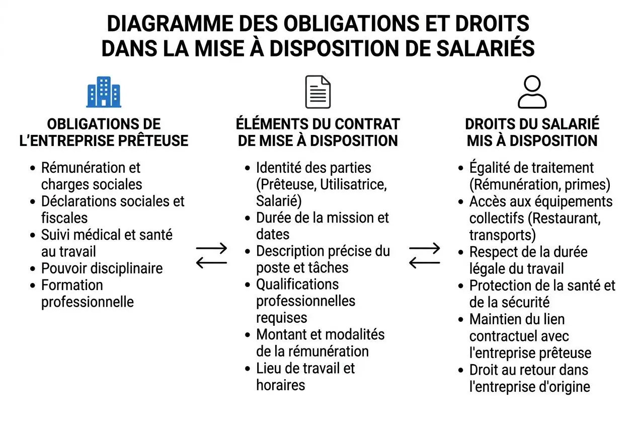 Diagramme des obligations et droits dans la mise à disposition de salariés, incluant obligations de l’entreprise prêteuse, éléments du contrat et droits du salarié. Mise à disposition de personnel.