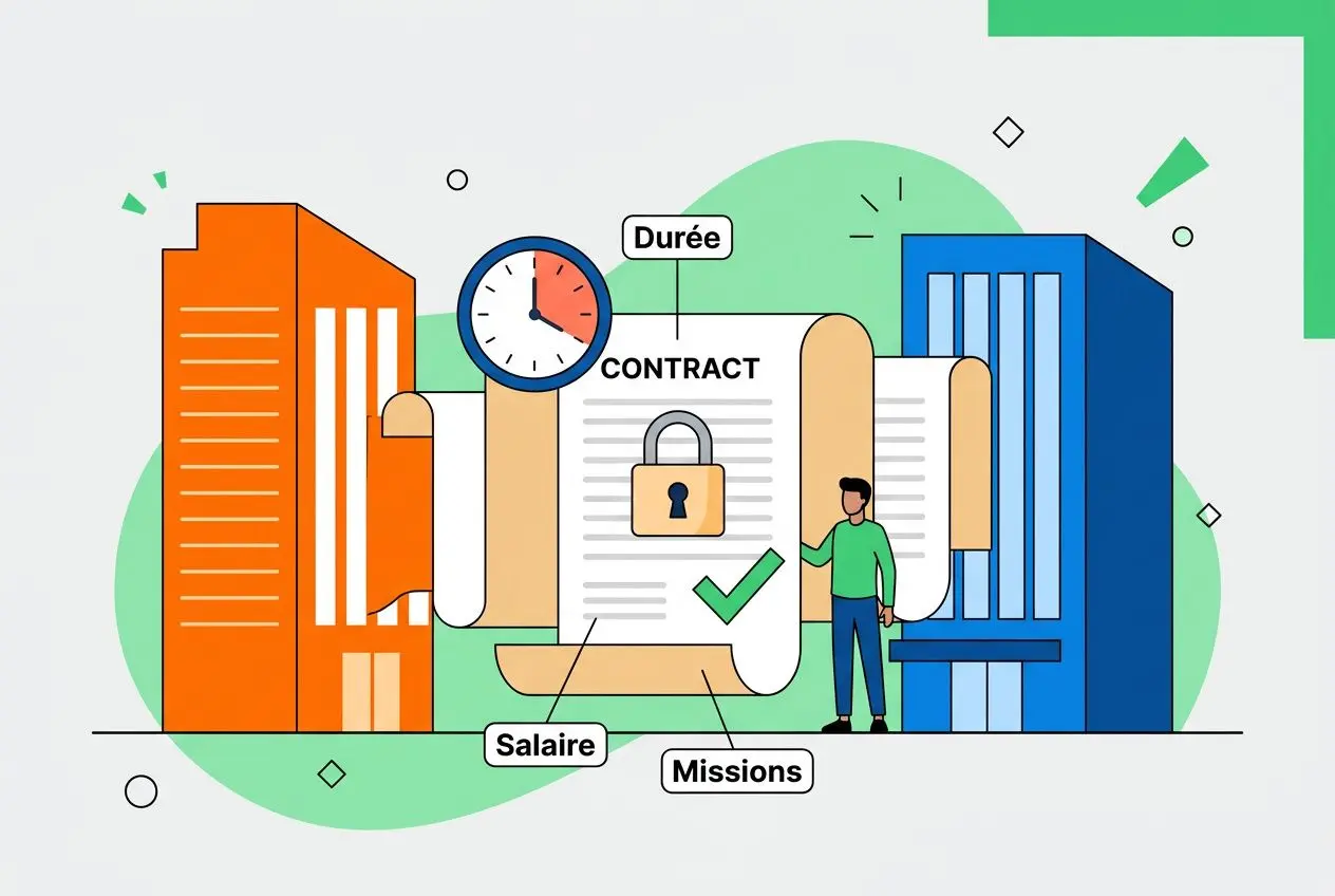 Illustration sur la mise à disposition de personnel: dossier contractuel, durée, salaire et missions avec un garde et bâtiments en arrière-plan.