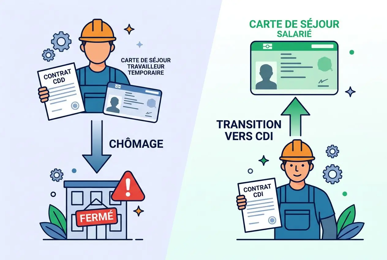 Illustration montrant deux scènes: à gauche, un Travailleur temporaire tenant un contrat et sa carte, symbole de chômage et d’un bâtiment fermé; à droite, un salarié avec une carte de séjour et un contrat CDI, représentant la transition vers le titre de séjour travailleur temporaire.