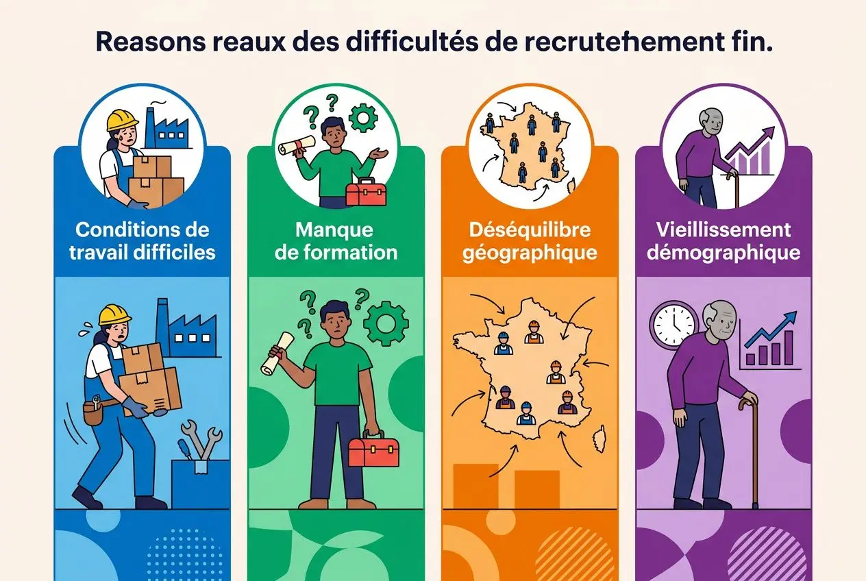 Liste des métiers en difficulté de recrutement en France avec quatre icônes: conditions de travail difficiles, manque de formation, déséquilibre géographique et vieillissement démographique.