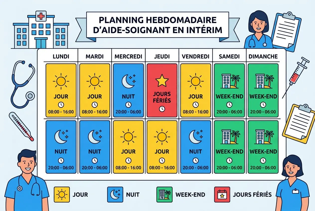 Planning hebdomadaire d’aide-soignant en intérim avec jours et nuits, weekends et jours fériés affichés par jour. Intérim aide soignante.