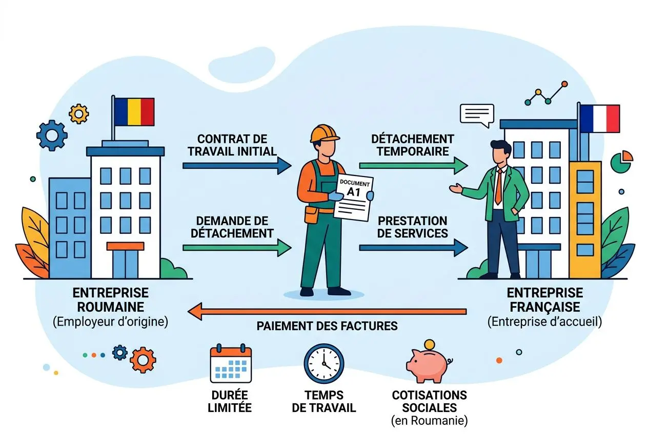 Processus illustrated pour embaucher un Roumain en France: deployment entre l’entreprise roumaine et l’entreprise française, contrats et détachements, paiement des factures et coûts sociaux, durée limitée et services en transfert.