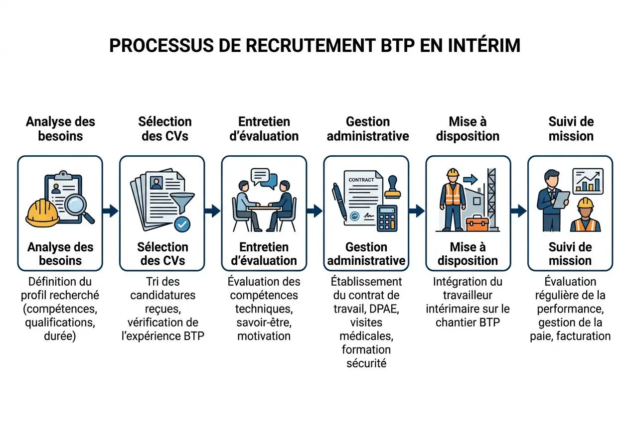 Processus de recrutement BTP en intérim: étape par étape de l’analyse des besoins à la suivi de mission, incluant sélection des CV, entretien, gestion administrative et mise à disposition en Roumanie. (construction roumanie recrutement)