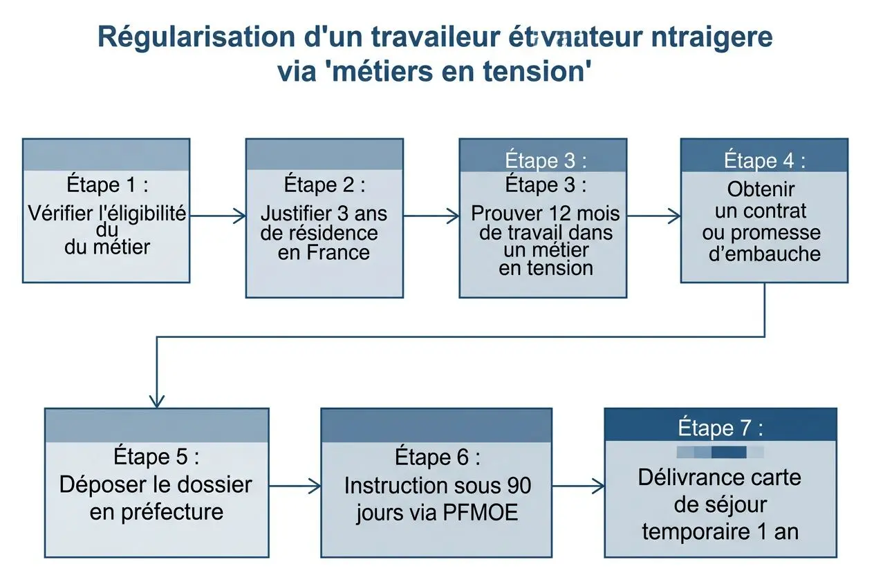 Schéma descriptif montrant les étapes de régularisation d’un travailleur étranger via les métiers en tension, avec vérification d’éligibilité, résidence, preuve d’emploi, contrat, dépôt et délivrance du titre de séjour temporaire. (Intègre: liste des métiers en tension ouverts aux étrangers)