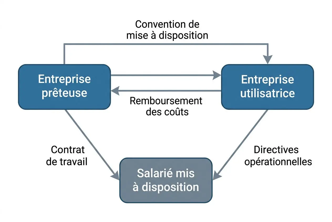Convention de mise à disposition: schéma montrant l’entreprise prêteuse et l’entreprise utilisatrice liées par la mise à disposition de personnel qualifié, avec le salarié mis à disposition au centre.
