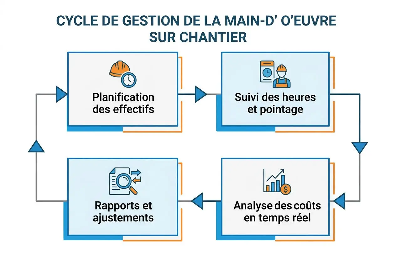 Cycle de gestion de la main-d’œuvre sur chantier: planification des effectifs, suivi des heures et pointage, analyse des coûts en temps réel et rapports/ajustements dans un diaporama graphique. Gestion main d'œuvre sur chantier.