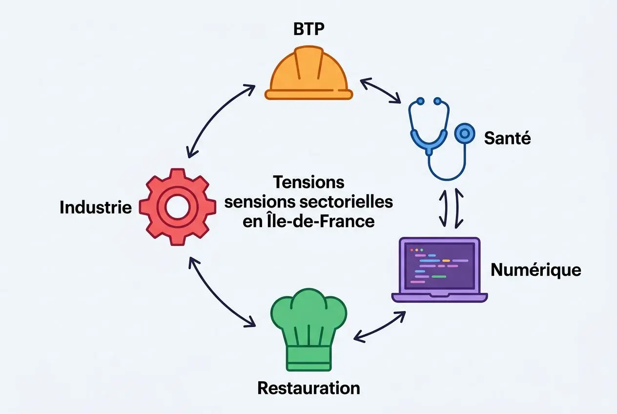 Diagramme circulaire illustrant les métiers en tension en Île-de-France: BTP, Santé, Numérique, Restauration et Industrie en lien avec les tensions sectorielles. Légendes: BTP, Santé, Numérique, Restauration, Industrie.