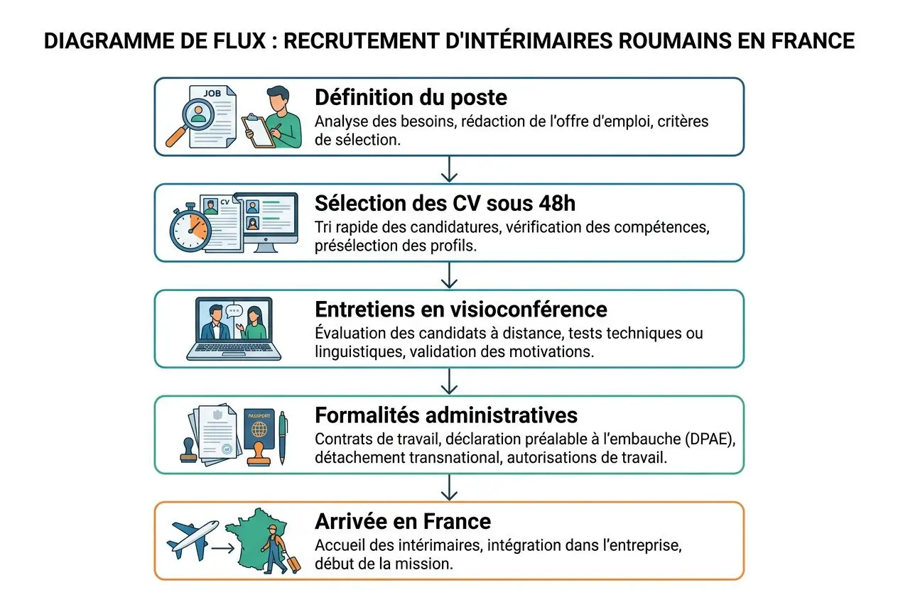 Diagramme de flux montrant le recrutement d’intérimaires roumains en France, de la définition du poste à l’arrivée en France. incluant le processus de sélection, entretiens, formalités et intégration. Intègre l’expression agence interim h travail temporaire roumanie france.