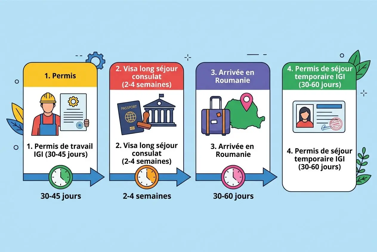 Diagramme illustrant les étapes de l’autorisation de travail roumanie documents et exigences 2026, incluant permis, visa long séjour, arrivée en Roumanie et permis de séjour temporaire IGI.