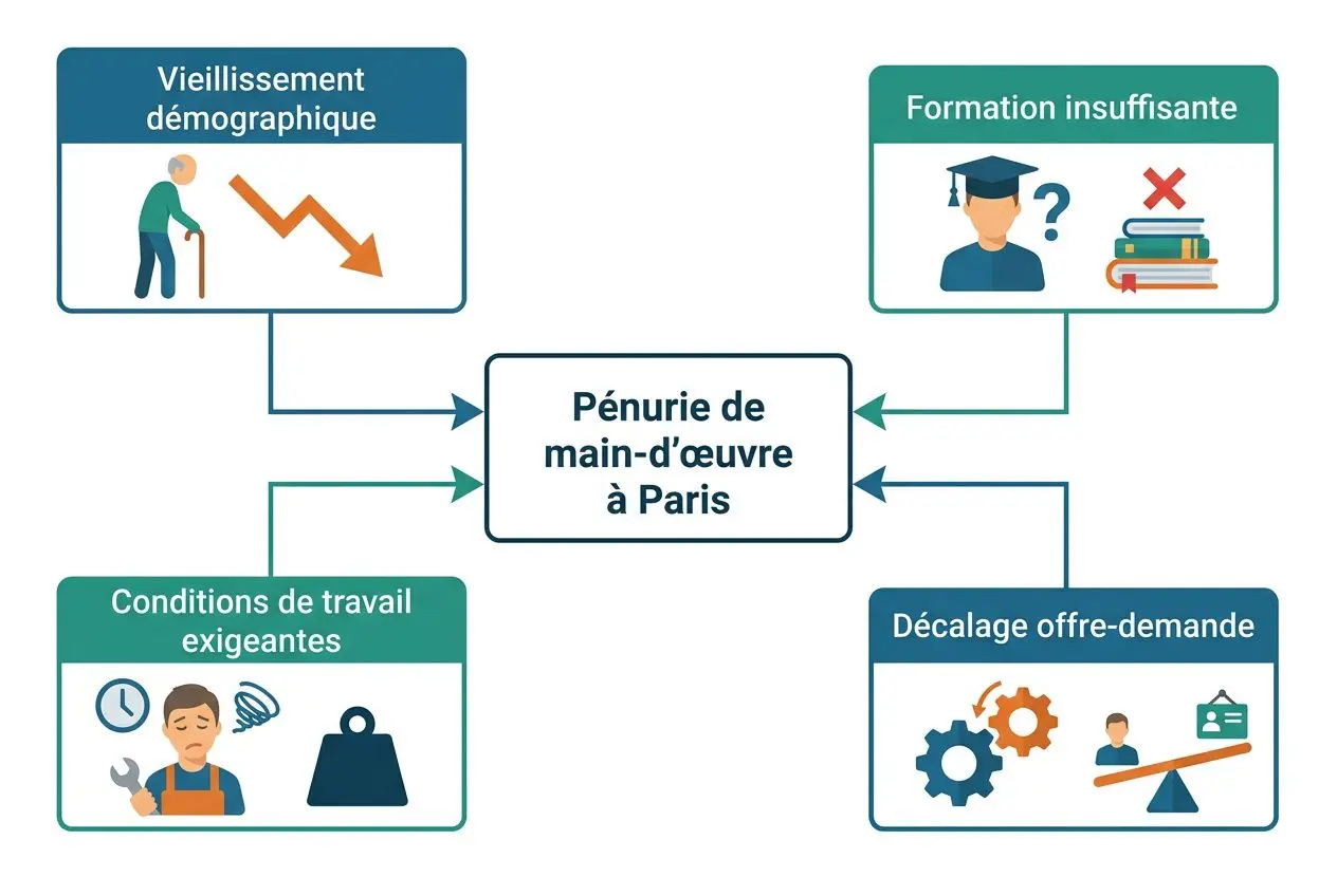 Diagramme illustrant une pénurie de main-d’œuvre à Paris, reliant vieillissement démographique, formation insuffisante, conditions de travail dégradées et décalage offre-demande.