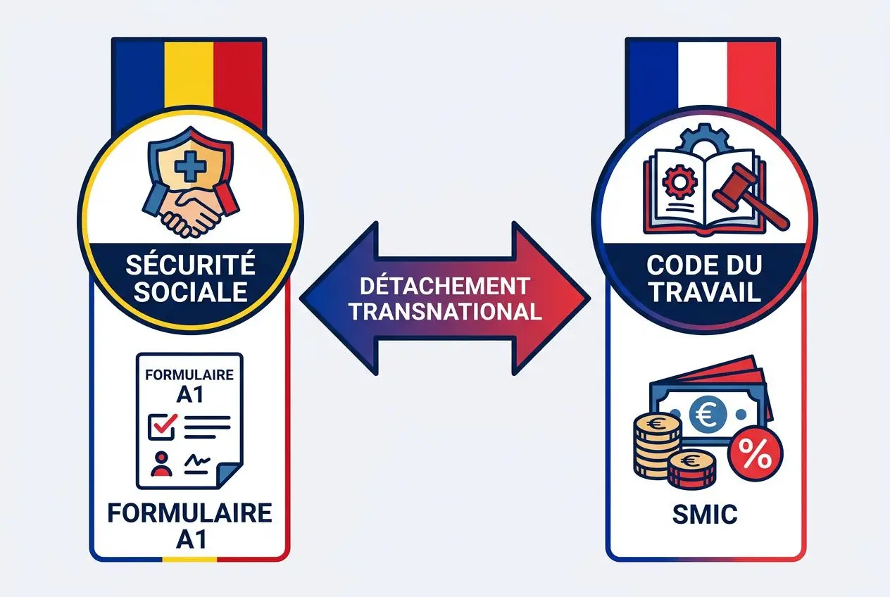 IK: Travail transnational entre Roumanie et France via une agence intérim h travail temporaire roumanie france, affiche schématique des procédures.