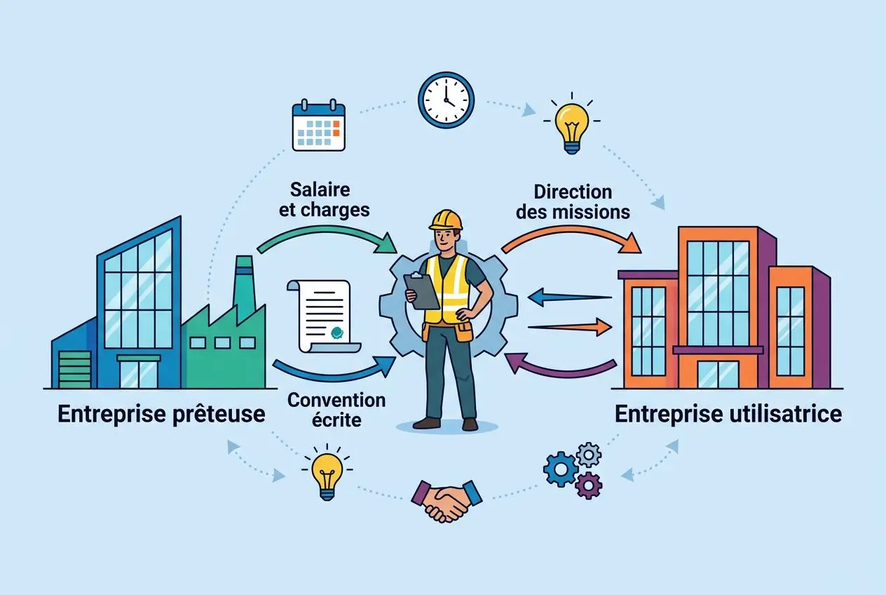 Illustration sur la gestion de la main d'œuvre sur chantier: salarié au centre, échanges entre entreprise prêteuse et utilisatrice, flux de salaire, missions et convention écrite, symbole d’efficacité et de collaboration.