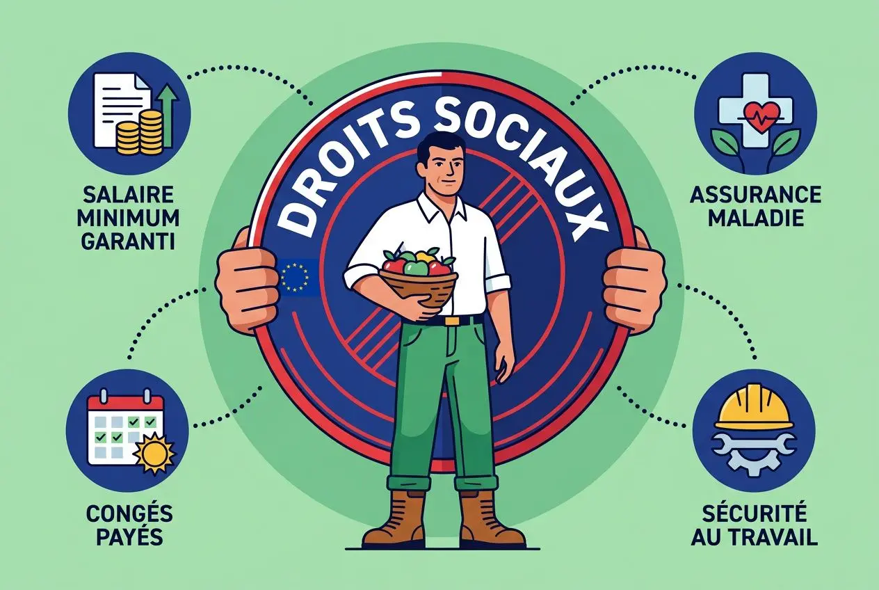 Illustration milieu: un travailleur debout, encadré par “droits sociaux”, comprenant icônes Santé et sécurité, salaire, congés, assurance maladie et sécurité au travail. Intègre subtilement le thème roumanie agriculture.