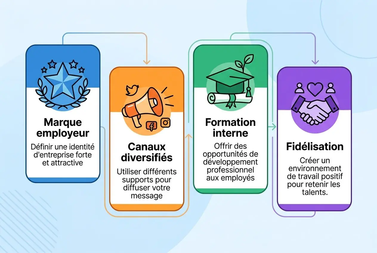 Illustration de quatre balises successives : marque employeur, canaux diversifiés, formation interne et fidélisation, pour attirer des talents dans les métiers en tension.