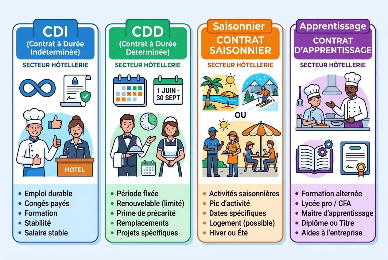 Affiche colorée présentant quatre cartes d’emploi dans l’hôtellerie : CDI, CDD, saisonnier et apprentissage, avec illustrations liées au secteur hôtelier. texte: emploi hôtellerie restauration logé nourri.