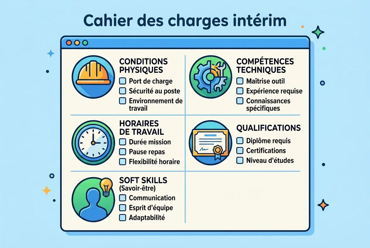 Carte schématique “Cahier des charges intérim” montrant conditions physiques, compétences techniques, horaires, qualifications et soft skills pour trouver des intérimaires qualifiés. intégrer : comment trouver intérimaires qualifiés.