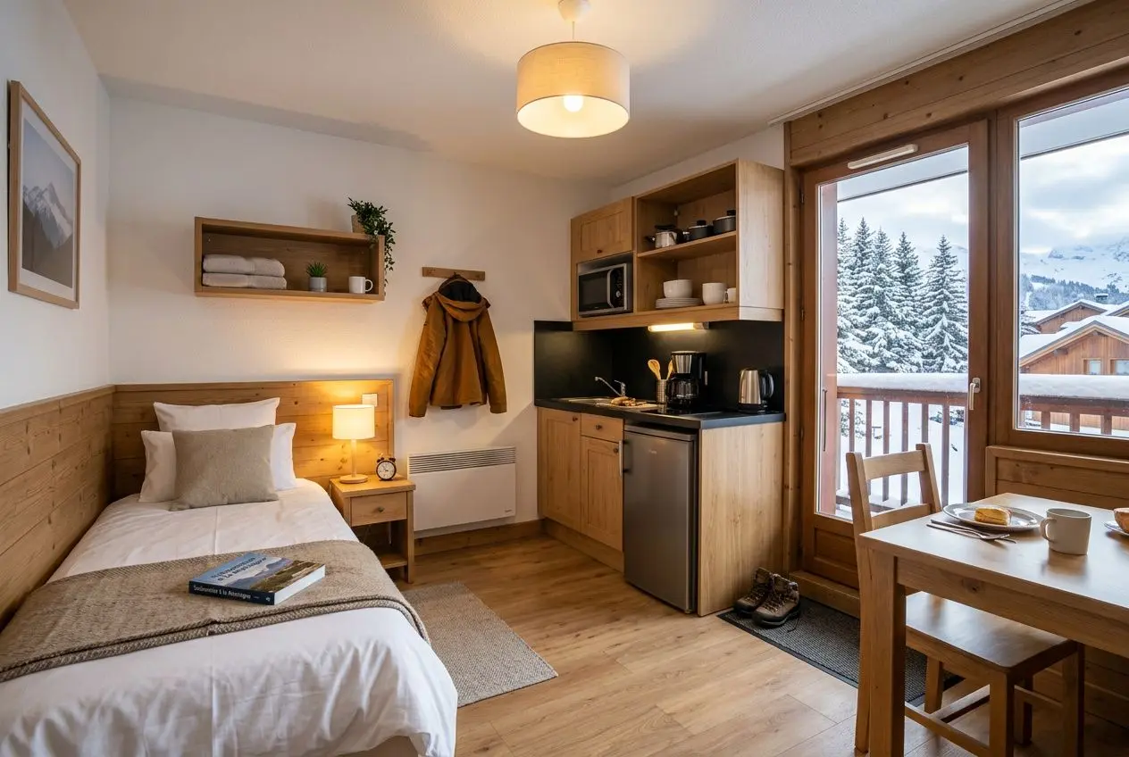 Chambre simple avec lit, petit coin cuisine équipé, et table à manger près d’une fenêtre donnant sur les montagnes, ambiance chaleureuse. Emploi hôtellerie restauration logé.