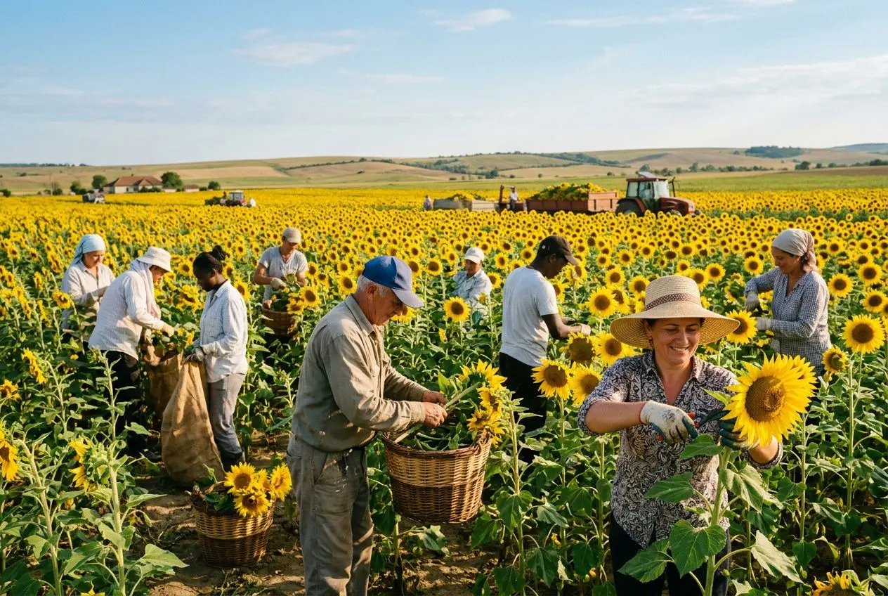 Champ de tournesols avec des travailleurs récoltant, Point central sur des travailleurs saisonniers roumanie dans une ferme.