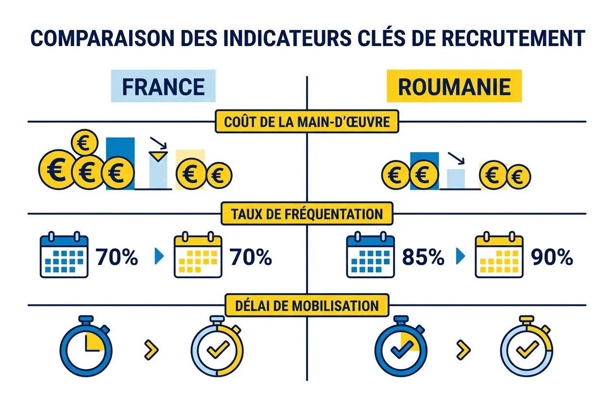 Comparaison des indicateurs clés de recrutement: intérim construction Roumanie, coût, taux de fréquentation et délai de mobilisation entre France et Roumanie.