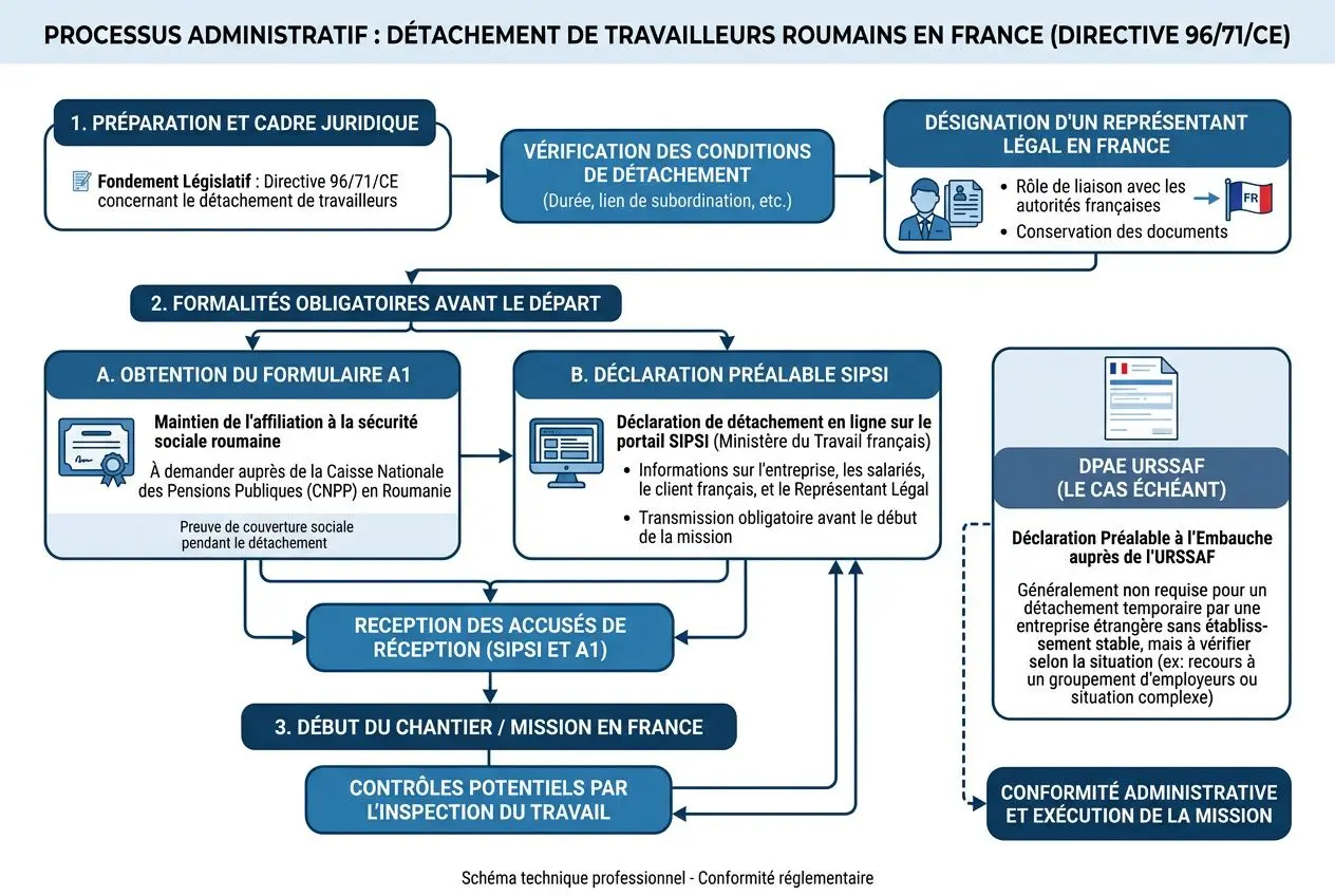 Diagramme explicatif sur le détachement et les procédures administratives des travailleurs roumains en France pour le secteur du bâtiment, dans le cadre d’un travail temporaire d’intérim construction roumanie.