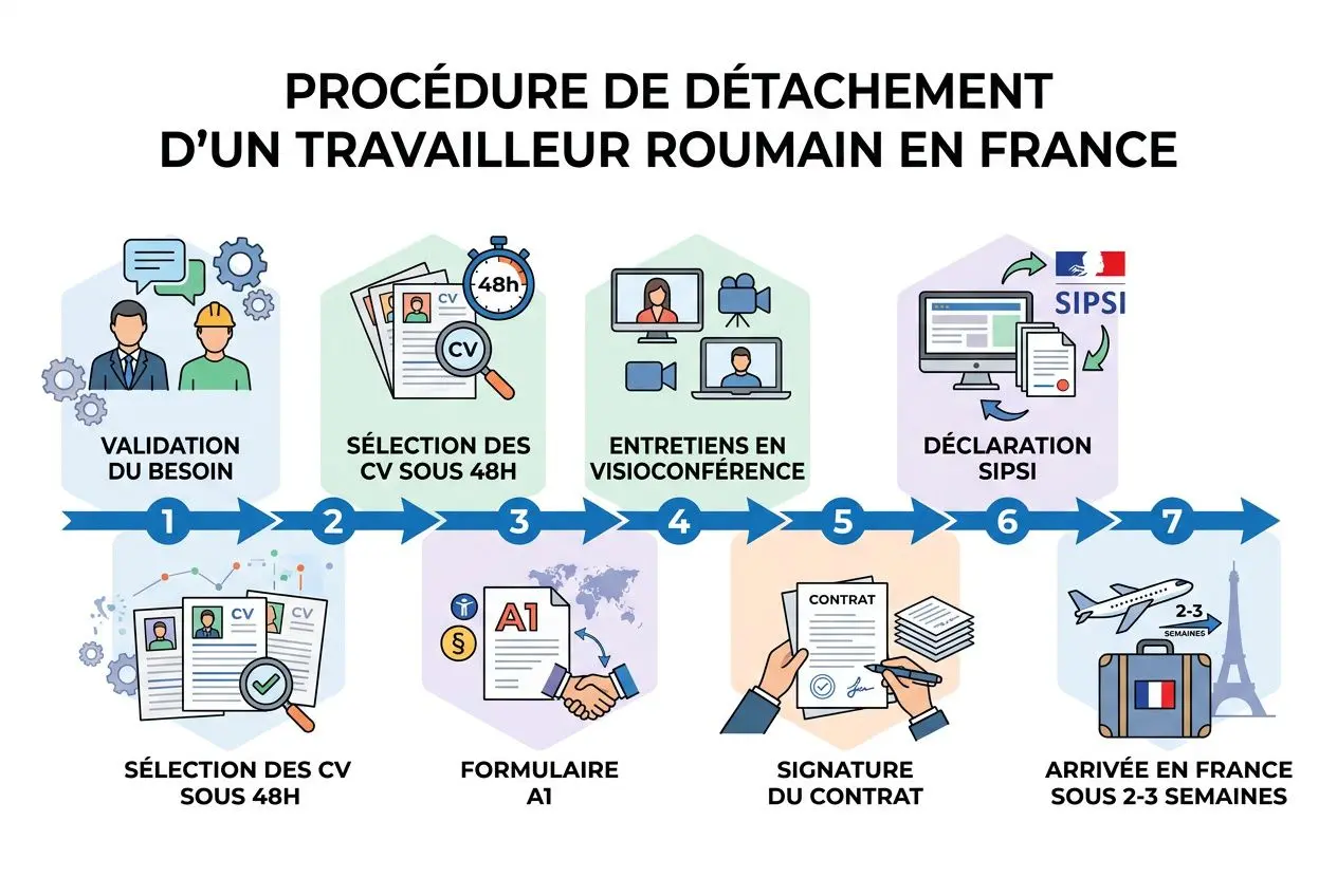 Procédure de détachement d’un travailleur roumain en France: validation du besoin, sélection des CV sous 48h, entretiens, déclaration SIPSI, signature du contrat, arrivée en France sous 2-3 semaines, agence interim h travail temporaire roumanie france.