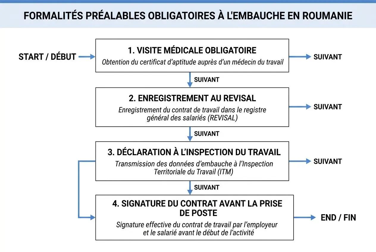 Processus d’embauche en Roumanie: formalités préalables obligatoires, incluant visite médicale, enregistrement au réavisal et déclaration ITM avant la signature du contrat de travail roumanie.