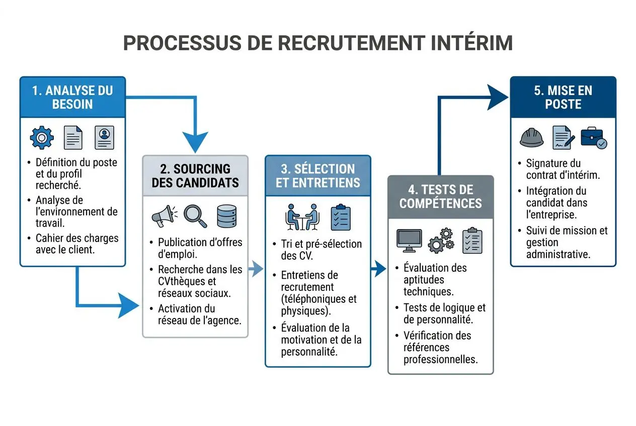 Processus de recrutement intérim: analyse du besoin, sourcing des candidats, sélection et entretiens, tests de compétences et mise en poste. Intègre comment trouver intérimaires qualifiés.