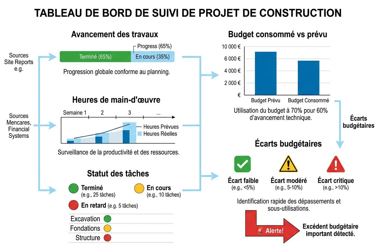 Tableau de bord de suivi de projet de construction illustrant avance des travaux, heures de main-d’œuvre et statut des tâches.