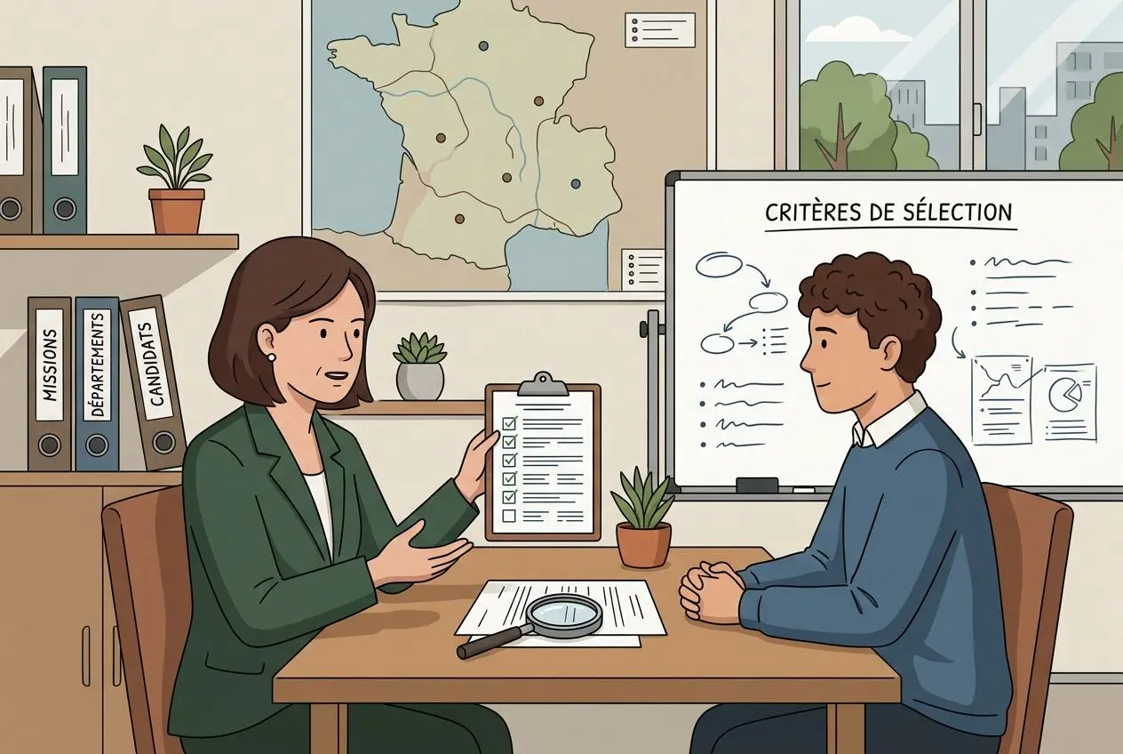 Deux personnes discutent lors d’un entretien pour les «&nbsp;étapes pour recruter des intérimaires&nbsp;»; l’une tient une checklist, l’autre écoute, dans un bureau avec carte et critères de sélection affichés.