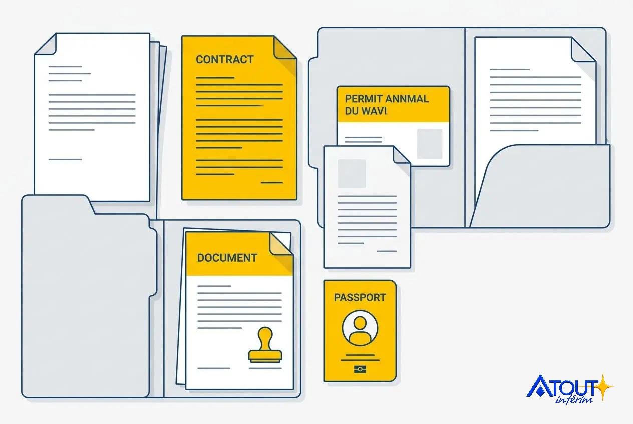 Des documents administratifs et dossiers: des fichiers ouverts avec des papiers jaunes intitulés « CONTRACT », « DOCUMENT » et « PERMIT ANIMAL DU WAVI » accompagnés d’un passeport et d’un badge, dans une pile organisée.