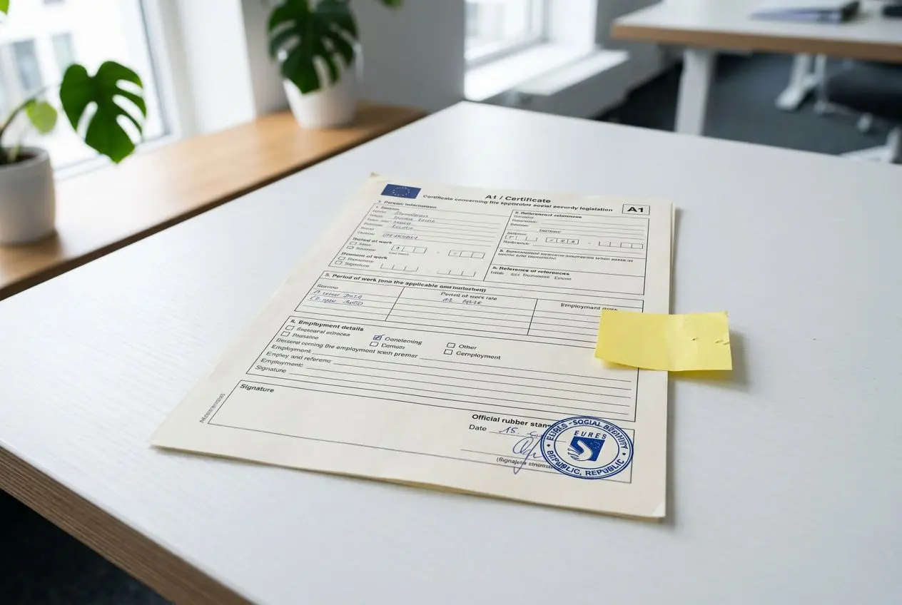 Formulaire administratif posé sur une table blanche, à côté d’un post-it jaune, dans un espace de bureau lumineux.