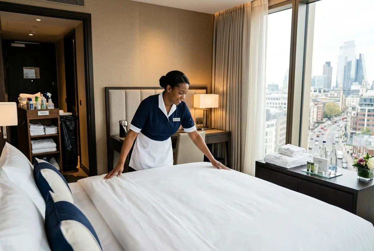 Personnel hôtellerie : femme de chambre professionnelle remettant en ordre une suite d’hôtel lumineuse et bien rangée.