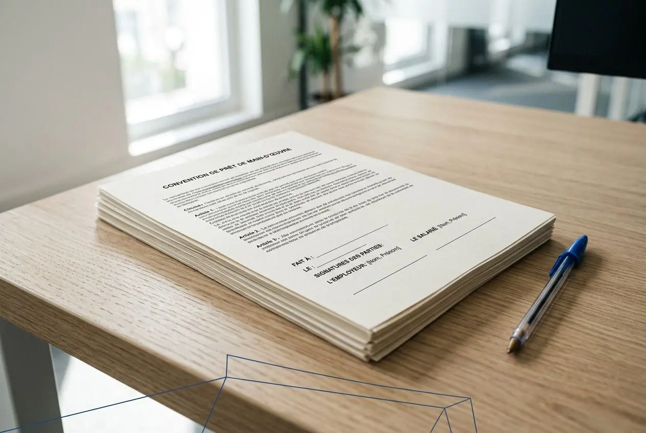 Pile de documents juridiques sur une table en bois, fiche signée prête à être remplie, stylo bleu à côté, thème de la mise à disposition salarié durée.