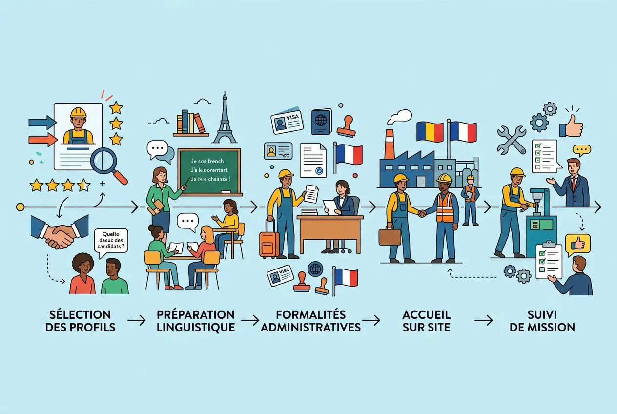 Processus d’embauche pour agence interim h travail temporaire roumanie france: sélection des profils, préparation linguistique, formalités, accueil sur site et suivi de mission.