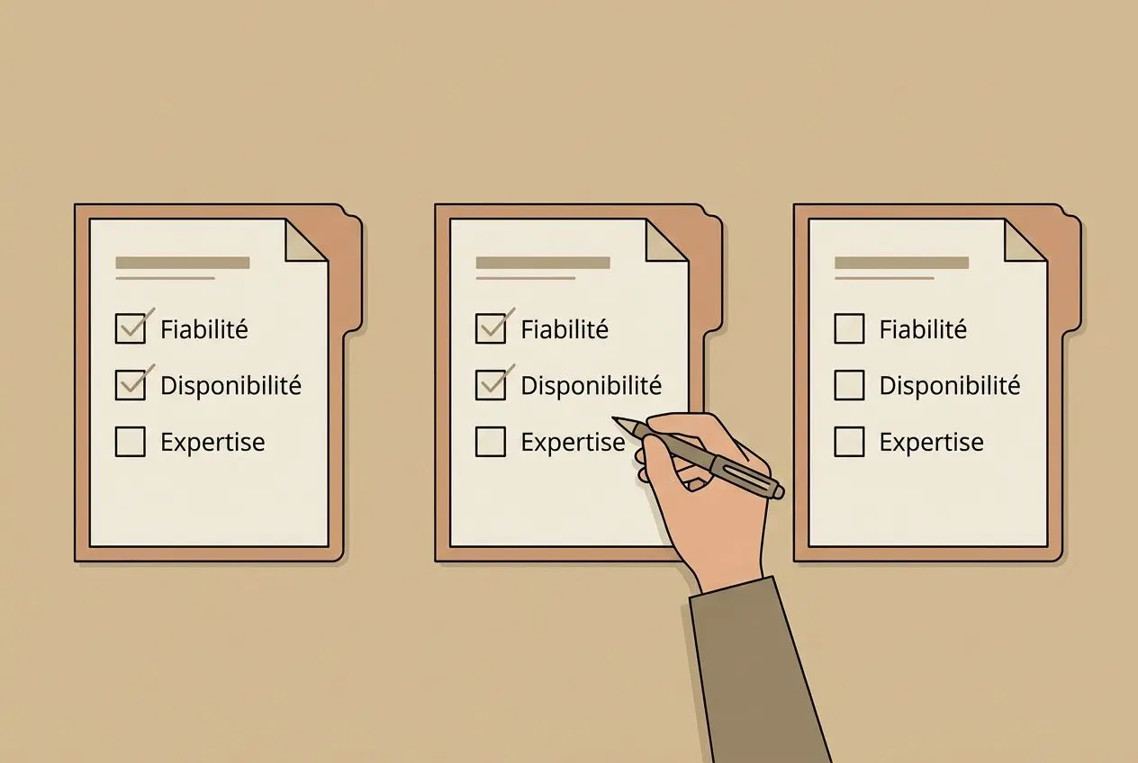 Trois fiches à remplir sur un fond beige, chaque fiche affiche Fiabilité, Disponibilité et Expertise; une main coche des cases sur les deuxième et premier documents. intégration du mot-clé: étapes pour recruter des intérimaires.