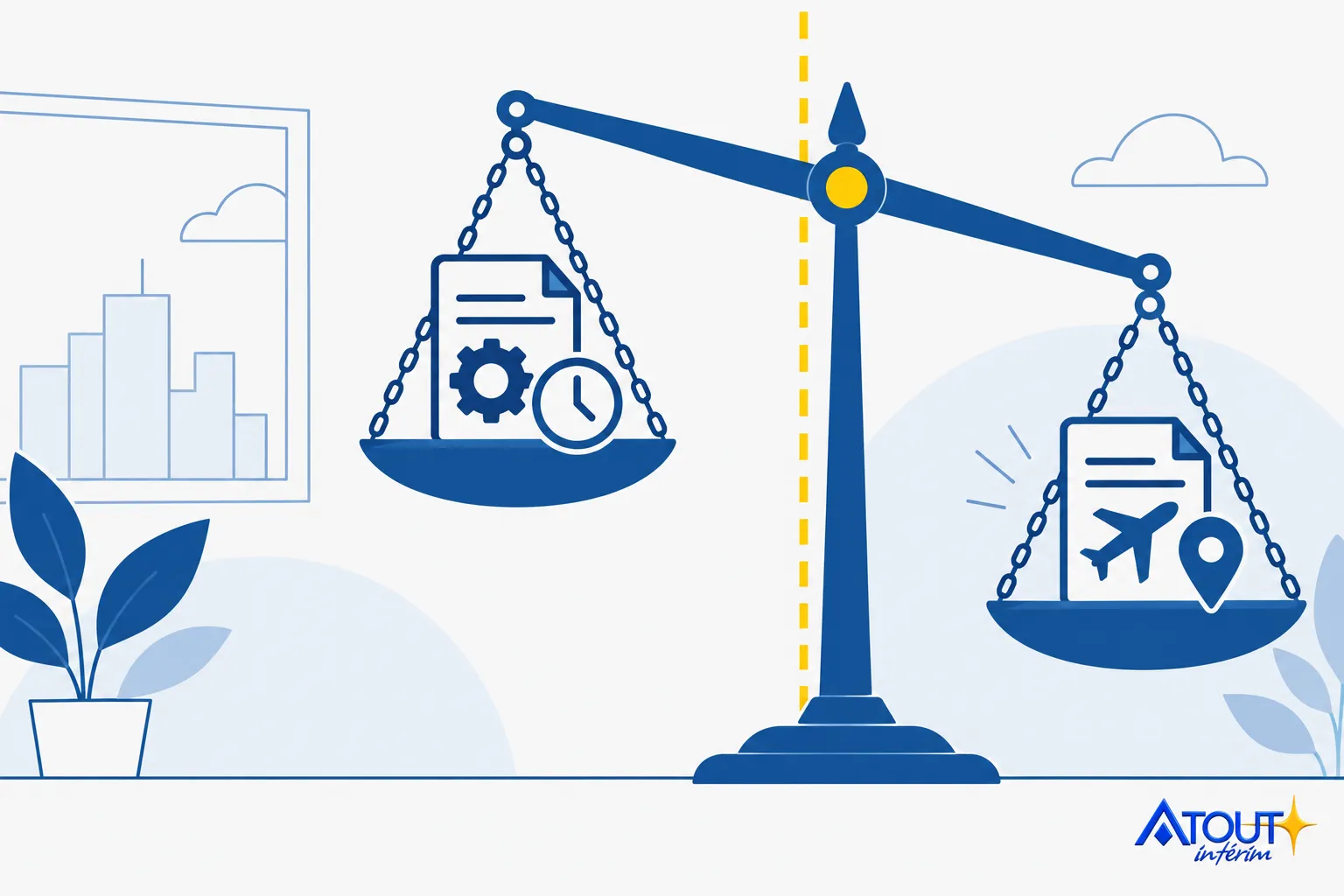 Balance de justice avec documents et symbole industrie, illustrant la différence entre intérim et détachement sur fond clair. diff intérim détachement travail.