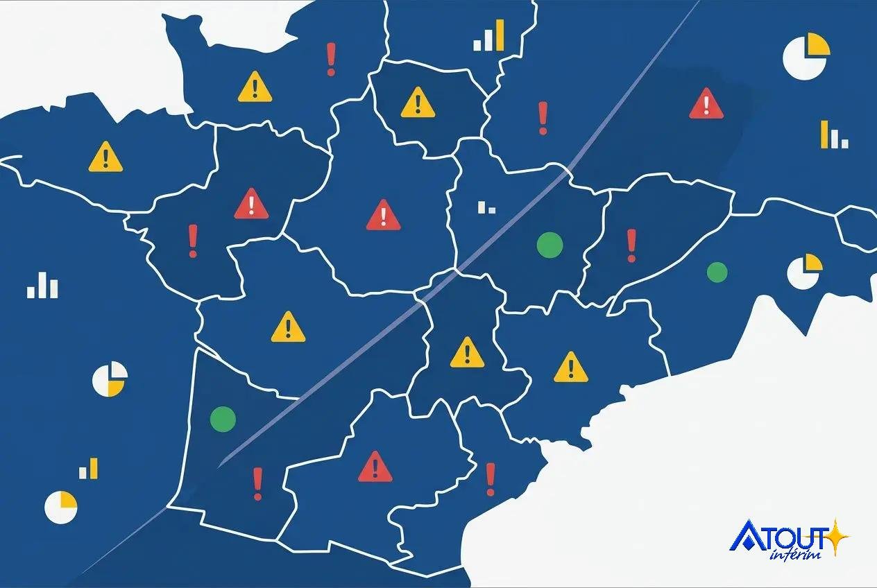 Carte bleue présentant des zones en tension avec des icônes d’alerte jaunes et rouges et des graphiques sectoriels, à côté du logo ATOUT-interim. Intégration des métiers où il manque du personnel.