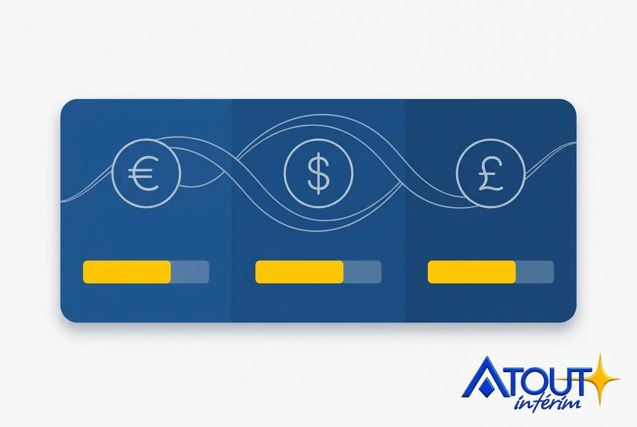 Carte de transfert international avec symboles euro, dollar et livre, et éléments de diagramme représentant le wise fonctionnement des frais.