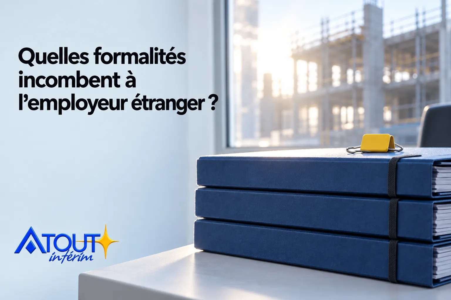 Des classeurs bleus empilés sur un bureau à côté d’un badge jaune.
