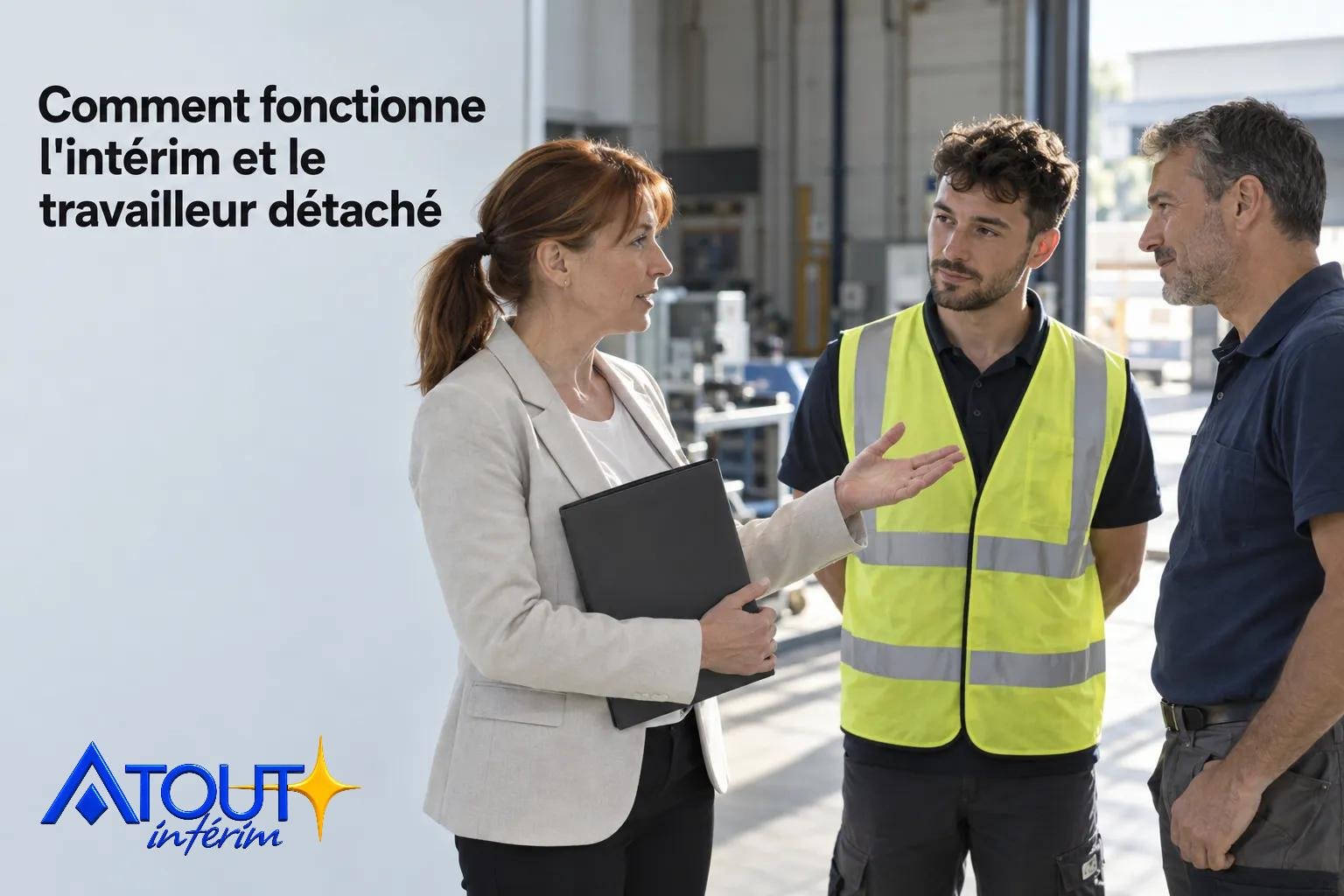 Comment fonctionne l'intérim et le travail détaché : explication claire avec trois personnes en atelier. diffère-intérim-détachement-travail.