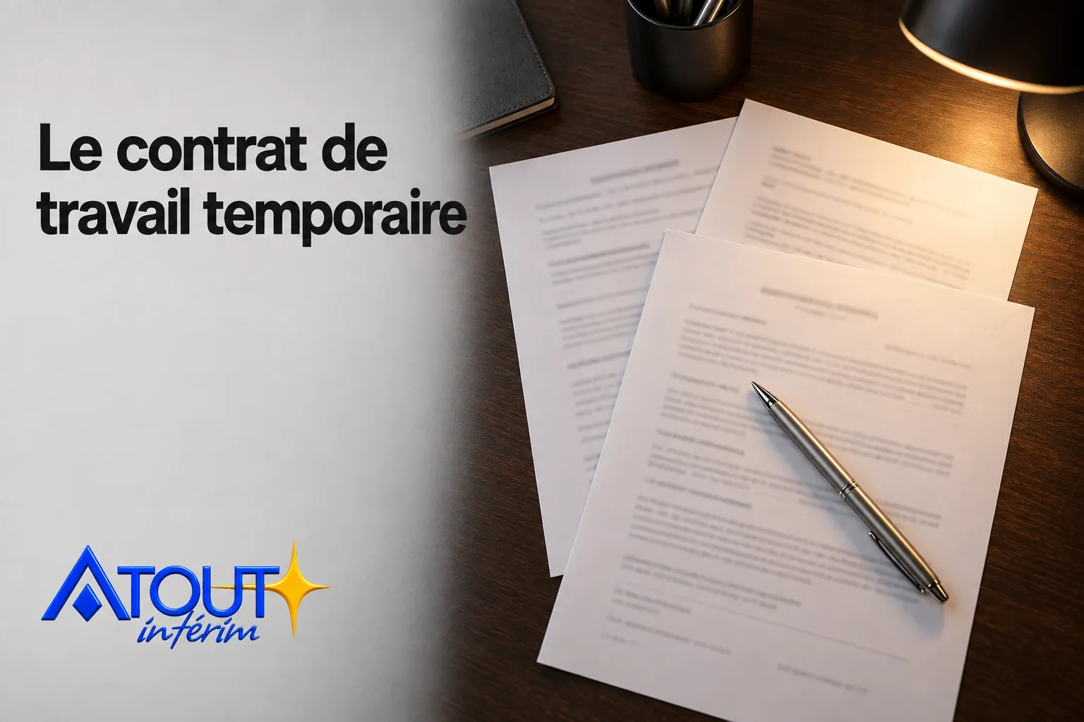 Le contrat de travail temporaire représenté par des pages de documents et un stylo posé sur le bureau.
