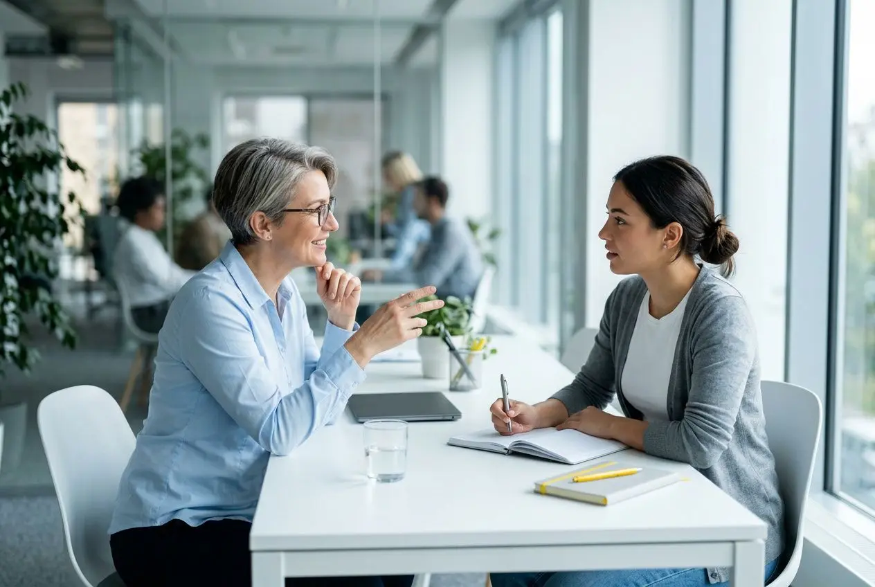 Deux professionnelles en entretien dans un bureau lumineux, l’une âgée explique, l’autre prend des notes; ambiance collaborative. 10 règles d'or d'un management efficace évoquée.