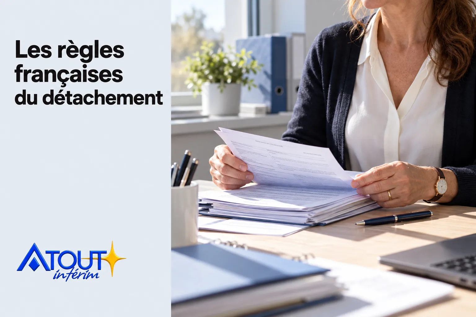 Différence intérim détachement : femme d’affaires examinant des documents sur un bureau, logo Atout intérim.